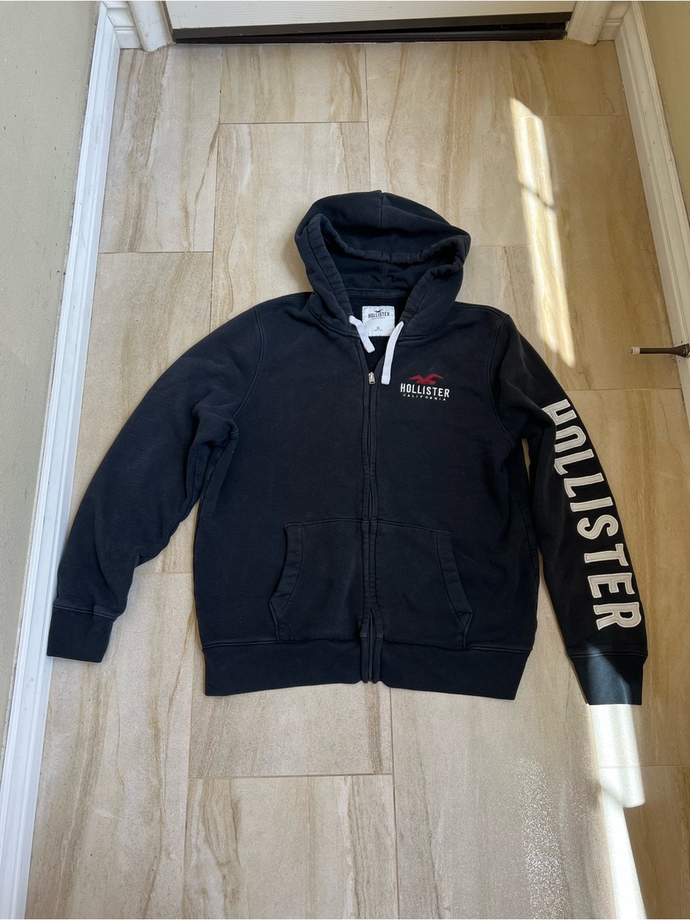 Hollister Dark Gray Zip Hoodie with Cream Drawstrings